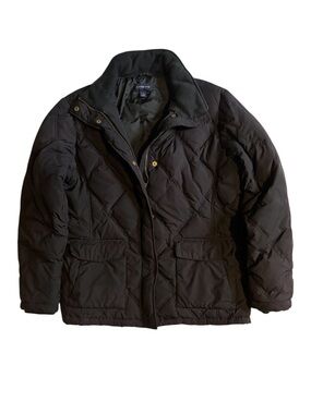 Lands' End Men's Black Quilted Puffer Coat with Flap Pockets
